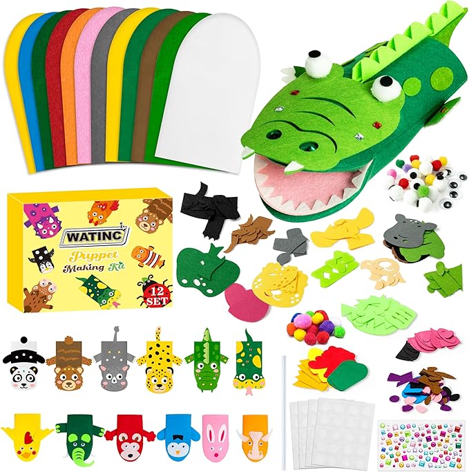 WATINC 12Pcs Hand Puppet Making Kit, Art Craft Felt Sock Puppet Toys, Creative DIY Make Your Own Pompoms Wiggle Googly Eyes Storytelling Role Play Party Supplies Gift for Girls Boys (Animals Wild A)