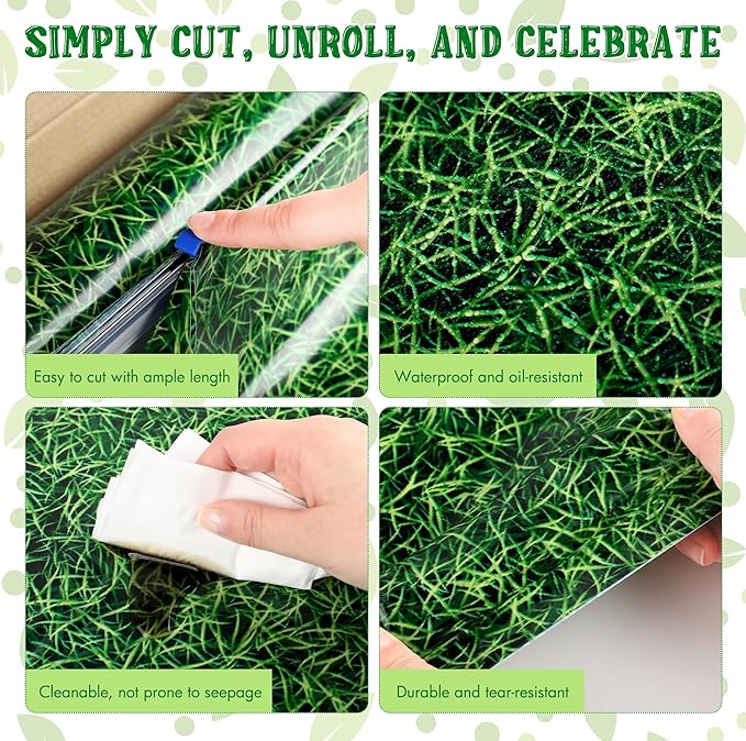 Kochorie 54 Inch x 100 Ft Grass Plastic Table Cloth Roll Disposable Waterproof Football Field Table Cover Plastic Table Cover Roll with Easy Slide Cutter for Jungle Party/Sport/Outdoor Picnic