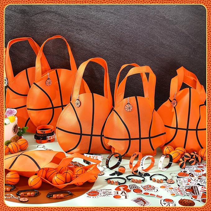 Aoriher 194Pcs Basketball Party Favors Set 24 Silicone Bracelets 24 Charm Bracelets 24 Mini Basketball 24 Keychains 24 Non Woven Gift Goodie Bags 24 Erasers 50 Sticker for Sports themed Party Supplies