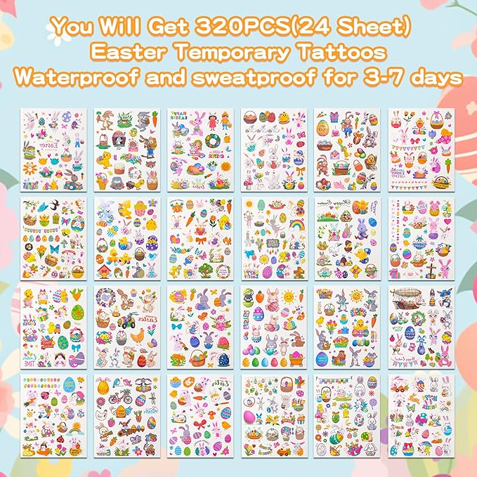 Easter Gifts for Kids, 120Pcs Water Coloring Books & 320Pcs Temporary Tattoos Bulk with Goodie Bag for Easter Basket Stuffers Party Favors Classroom Prize School Activities Crafts Party Supplies