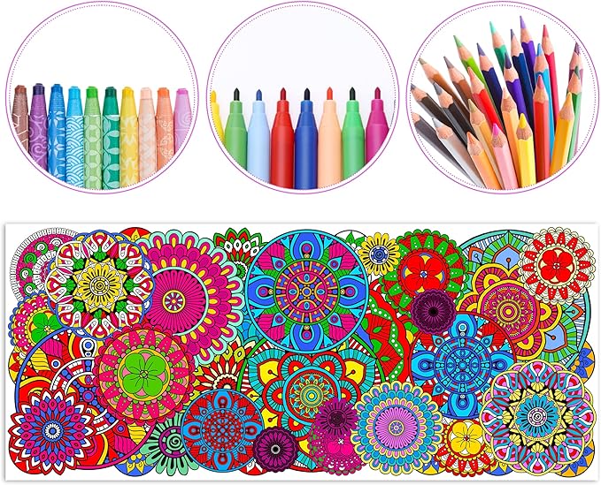 Dvbonike Jumbo Mandala Coloring Poster Giant Flower Color-in Paper Poster DIY Drawing Blank Doodle Art Banner Circular Floral 55.1x23.6 inch Wall Decor, Home School Activity Party Supplies for Kids