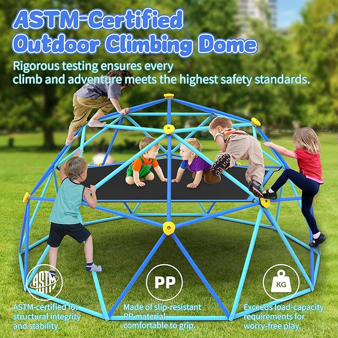 Gardenature 10FT Climbing Dome with Hammock and Swing, Outdoor Jungle Gym for Kids, Geometric Dome Climber Supporting 880 Lbs Anti-Rust Metal Outdoor Play Structure ASTM Approved Blue