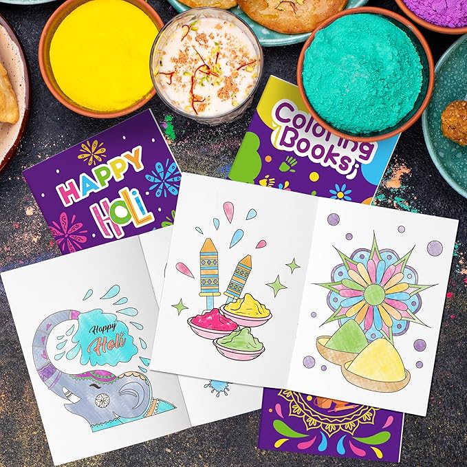 Holi Coloring Books for Kids 24Pcs Bulk Happy Holi Mini Coloring Booklet DIY Art Drawing Book for Toddlers Indian Festival Holiday Party Goodie Bags Stuffers Sunday School Classroom Favor