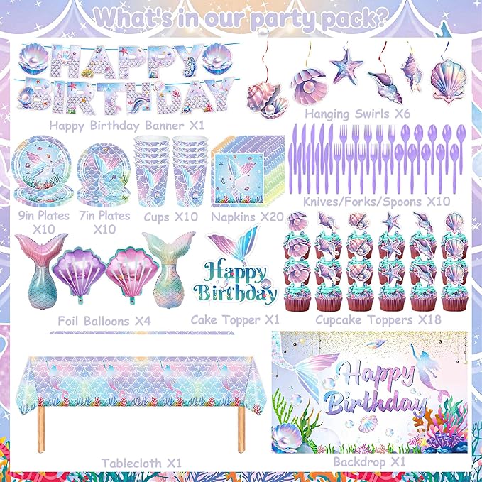Mermaid Birthday Decorations, 213Pcs Mermaid Party Supplies Include Tablecloth, Plates, Napkins, Cups, Banner, Backdrop, Balloons, Hanging Swirls, Cake & Cupcake Toppers for Girls Birthday Party