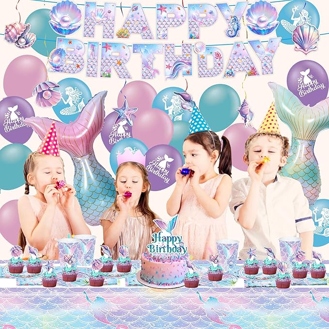 Mermaid Birthday Decorations Party Supplies Include Plates, Napkins, Cups, Cake & Cupcake Toppers, Tablecloth, Banner, Hanging Swirls, Balloons for Girls Mermaid Birthday Party