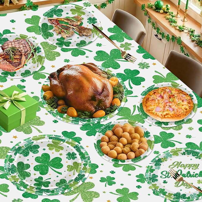 24 Pcs Happy St Patricks Day Plates Set - Disposable Green Shamrock Paper Plate, Irish Round Dinner Dessert Plate Dinnerware Kit for St Patrick's Day Party Decorations Supplies Table Decor