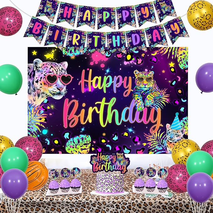Cheereveal Rainbow Cheetah Birthday Decorations for Boys Girls - Leopard Print Happy Birthday Backdrop, Cheetah Wild Cake Cupcake Toppers, Jungle Safari Animal Theme Party Supplies
