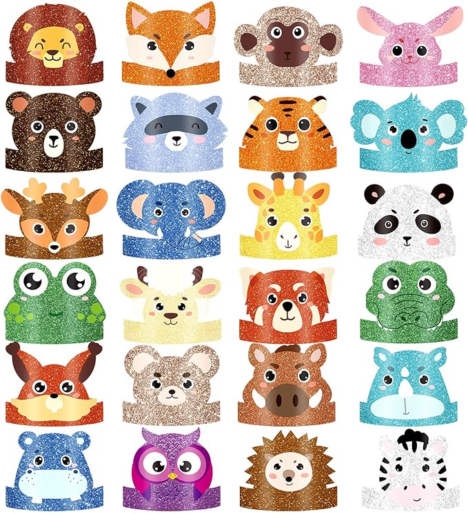 24 Pcs Animal Birthday Party Hats Animal Headbands Jungle Safari Animal Paper Party Crown for Girls Kids (Assorted Animals)