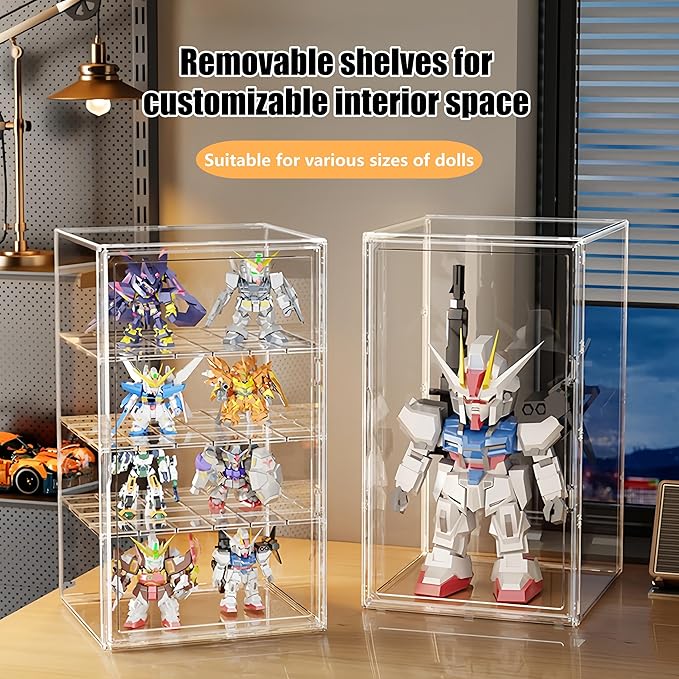 Versatile Wide Acrylic Display Cabinet - w/ 1 Adjustable Shelf for Multi-Level Display of Statues & Figures, Magnetic Door Collector's Showcase (Extra Large with one Block(14.17*14.17*23.6in))