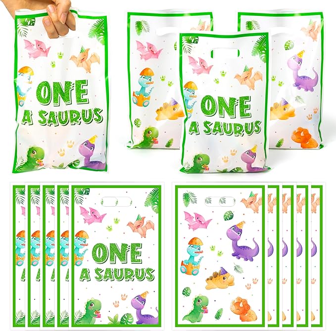 Dinosaur 1st Birthday Party Favor Bags - 50Pcs One A Saurus Green Goody Candy Treat Bags, Cute Dinosaur Theme Plastic One Birthday Party Favor Supplies Decorations for Kids Boys Girls Baby Shower
