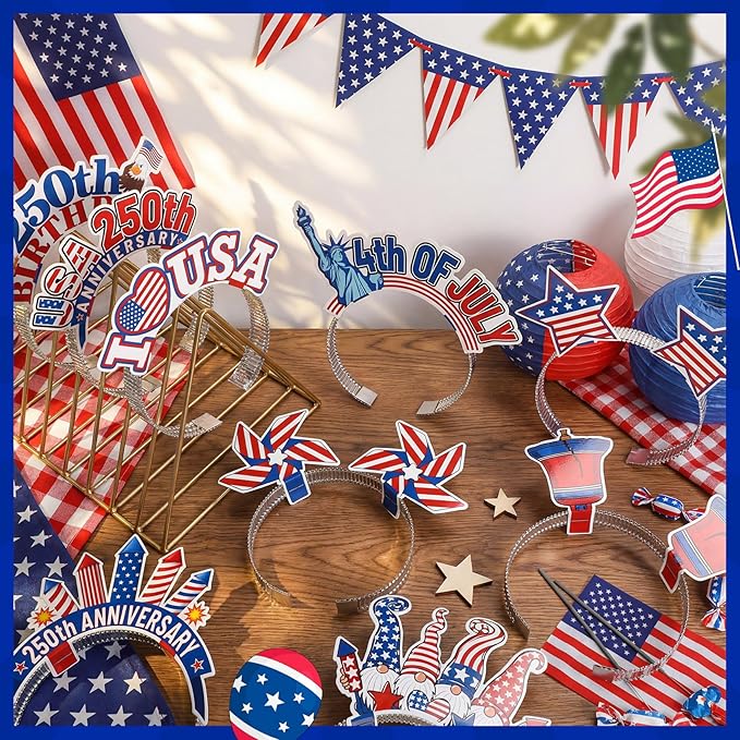 Blosssound 16 Pcs 250th Anniversary USA Headband 250th USA Patriotic Party Favor Gift Paper Head Bopper Independence Day Headwear Dress up 4th of July Party Costume Accessories Photo Prop Decor Supply