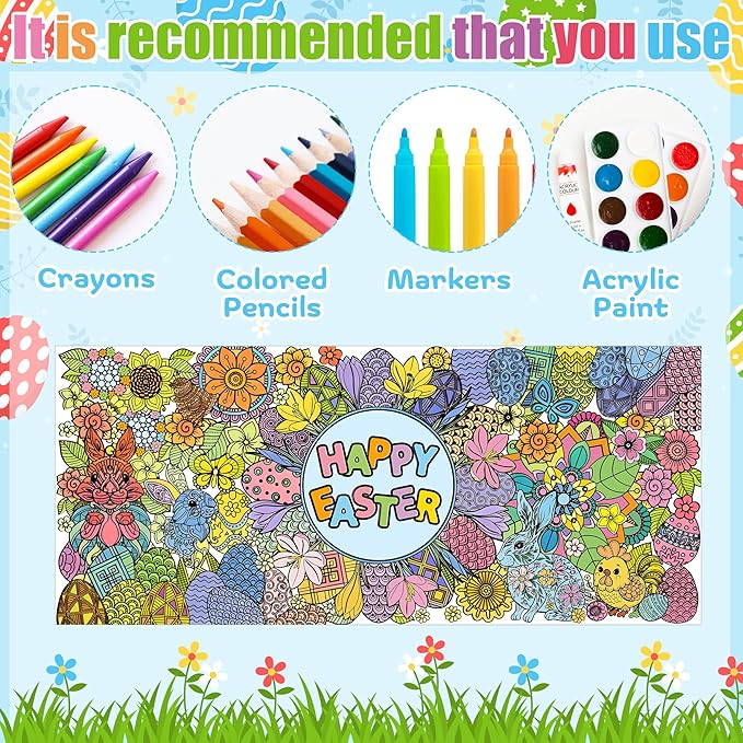 Dvbonike 2Pcs Jumbo Easter Mandala Coloring Poster - Easter Egg Bunny Flower DIY Drawing Color-in Paper Blank Art Banner 55.1 x 23.6 Inch Wall Decor, Home Classroom Activity Spring Party Supplies