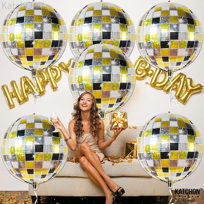 KatchOn, Multicolor Disco Ball Balloons - 22 Inch, Pack of 6 | 4D Sphere Disco Balloons for Black and Gold Birthday Decorations | Graduation Decorations 2026, Black and Gold Party Decorations