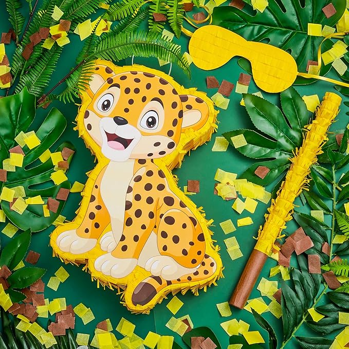 Leopard Piñatas for Safari Birthday Party Cheetah Piñata with Stick, Blindfold, Confetti for Adults Birthday Baby Shower Party Supplies