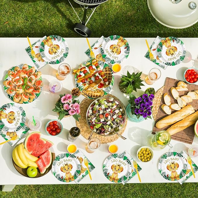 96 PCS Lion Baby Shower Supplies - 350GSM Jungle Lion Party Plates, Napkins & Tableware Sets - A Little King is on His Way - Safari Baby Shower Birthday Party Favors - Serves 24