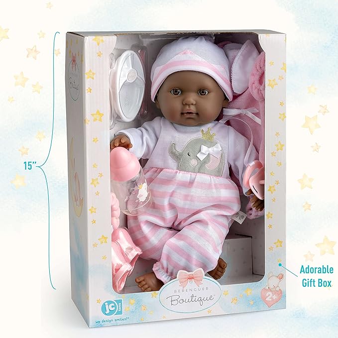 JC Toys 15" Realistic Soft Body African American Baby Doll with Open/Close Eyes Berenguer Boutique | 10 Piece Gift Set with Bottle, Rattle, Pacifier & Accessories | Pink | Ages 2+