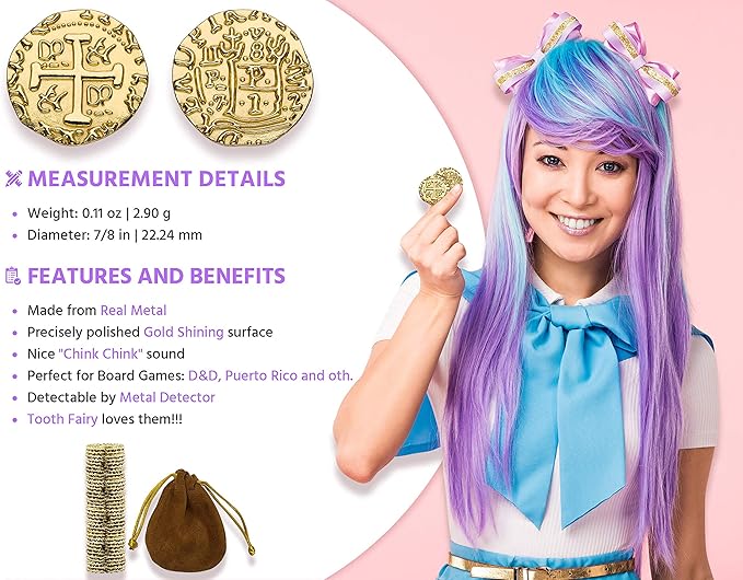 Leib Games Gold Metal Pirate Coins - 35 Leprechaun Metal Gold Coins for St Patricks Day, Game Tokens, Toys & Cosplay - Fake Coins Set for Pirate Treasure Chest - Diameter: 7/8"