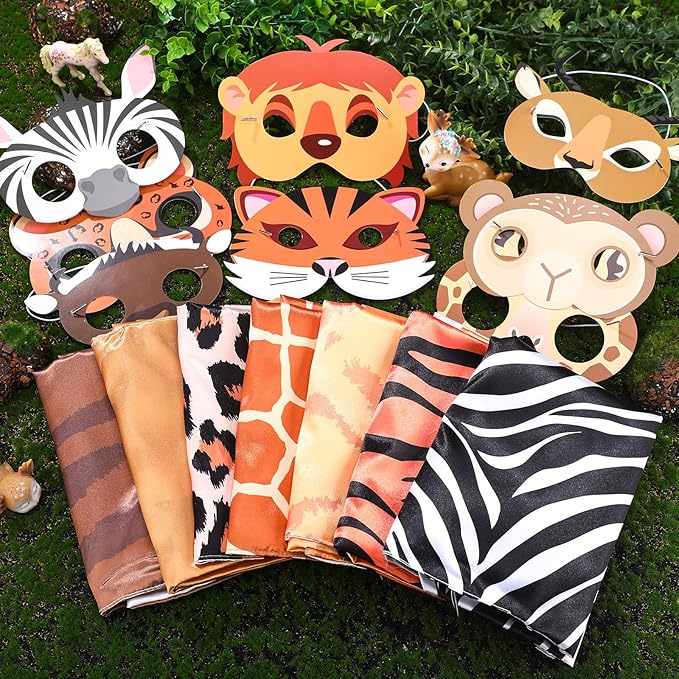 12 Set Safari Animal Mask and Capes Kids Jungle Safari Theme Party favors Cosplay Wild Birthday Decorations Animal Costumes Dress Up Set for Kids Birthday Party Supplies