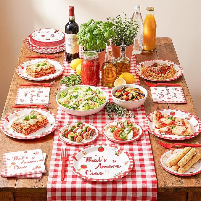 Haooryx Baby Pasta Noodle Party Tableware - 96Pcs Red Tomato Italian Noodle Baby Print Decor Disposable Paper Plates Napkins Plastic Forks for Baby Shower Boys Girls Birthday Party Table Decor Supply