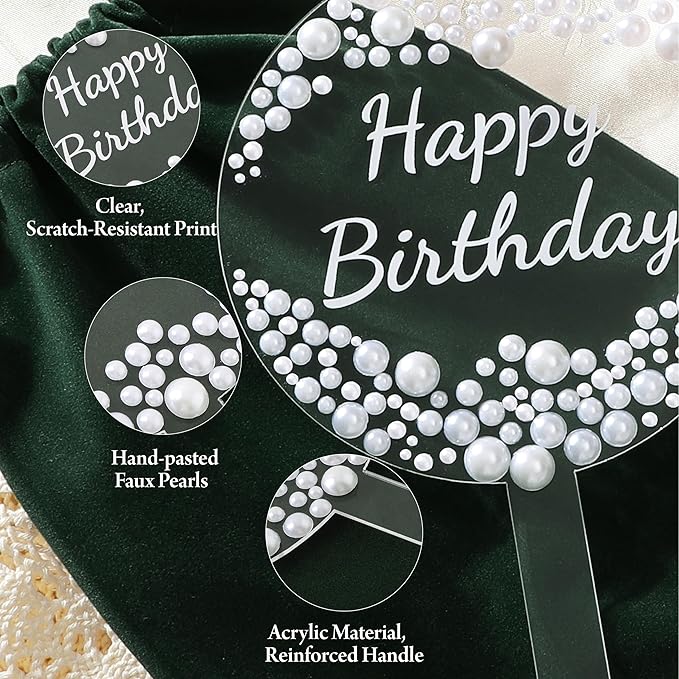 Coucoland Birthday Cake Topper - Round Acrylic Cake Decor with Elegant Pearls for Party Supplies