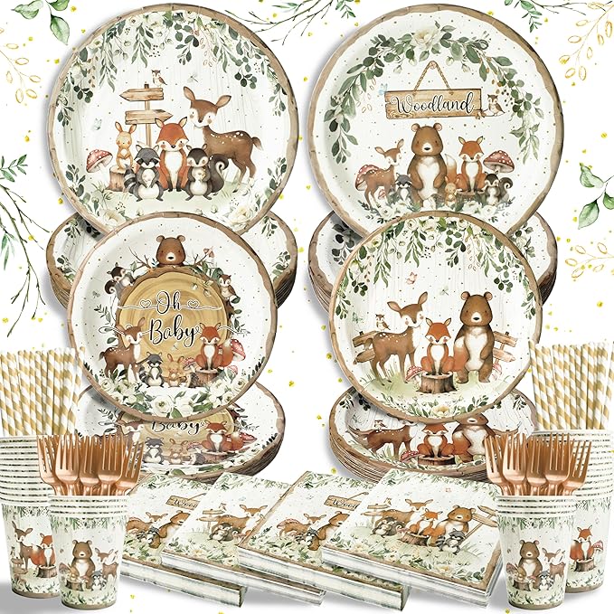 Woodland Baby Shower Party Supplies - 144 Pcs Serve 24 Guests, Safari Jungle Animal Party Decorations Include Plates and Napkins, Cups, Straws, Forks