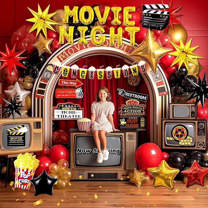 150pcs Movie Night Decorations, Movie Themed Party Decorations, Movie Theater Decor Balloons Arch, Now Showing Popcorn Concessions Banner, Foil Balloons for Movie Night Birthday Party Decorations