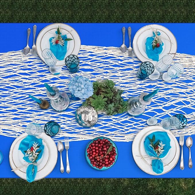 6 Pack Fish Net Decorative and Tablecloth Set, Cotton Fishnet and Plastic Table Cover Decorations Set for Nautical Themed Party Baby Shower Pirate Decorations Mermaid Party Supply (Dark Blue)