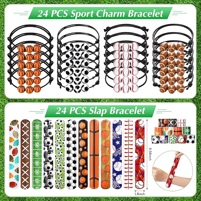 Aoriher 120 Pcs Sport Balls Party Favors Set Serve 24, Basketball Football Soccer Goodie Foam Finger Mini Stress Ball Slap Bracelet Charm Bracelet Stamp for Kids Party Supplies