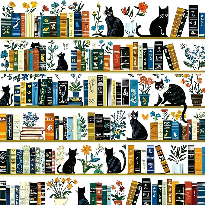 Aesthetic Black Cat Bookshelf 500 Piece Jigsaw Puzzle for Adults, Vintage Botanical Flower Art Puzzle, Gift for Cat and Book Lovers 20x20 Inch