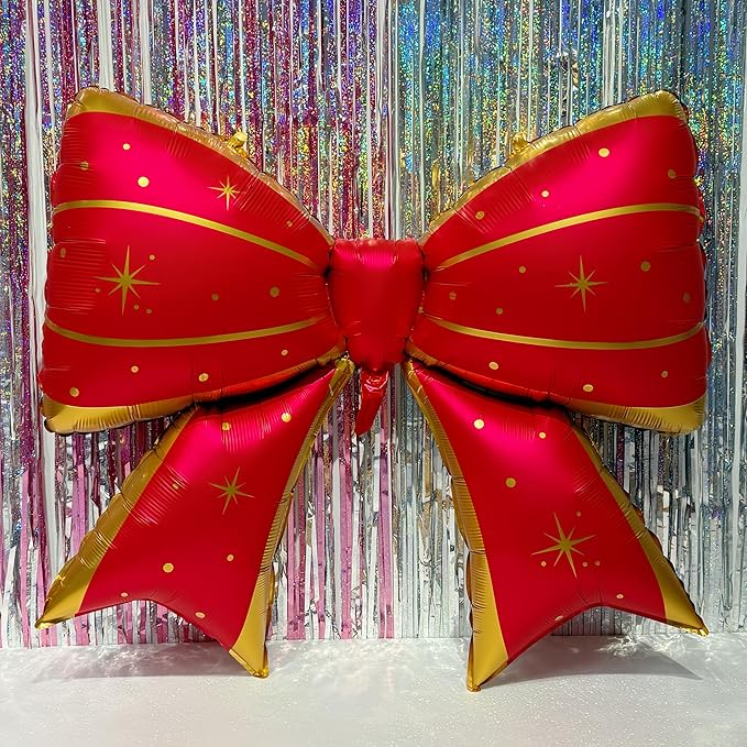38 Inch Red Gold Foil Bow Balloon – Large Mylar Bowknot Balloon for Birthday, Wedding, Grand Opening, Valentine’s Day, Christmas Party Decorations – Oversized Elegant Metallic Decor