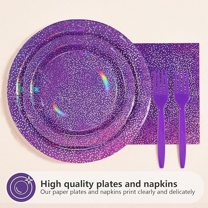 Grencian 96Pcs Purple Party Supplies Iridescent Rainbow Purple Plates and Napkins Sets Iridescent Purple Birthday Decorations for Girls Women Sprinkle Wedding Anniversary Party Favors Serves24