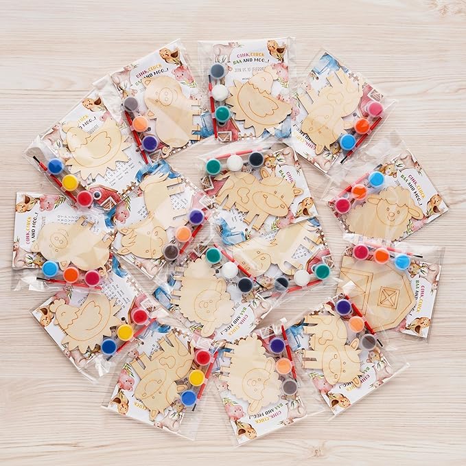GEECOZYLIFE Farm Party Favors - 24 PCS Farm Animals with Art Supplies - Farm Barnyard Wooden Painting Kit - Thank You for Coming Gift - Kids Birthday Boys Girls Gifts Bulk