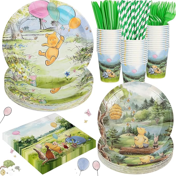 175Pcs Winnie Bear Baby Shower Decorations, Winnie Party Supplies Plates Napkins Cups Set Classic the Pooh Decoration for Kids Boys Girls Newborn Birthday Party Serves 25 Guests