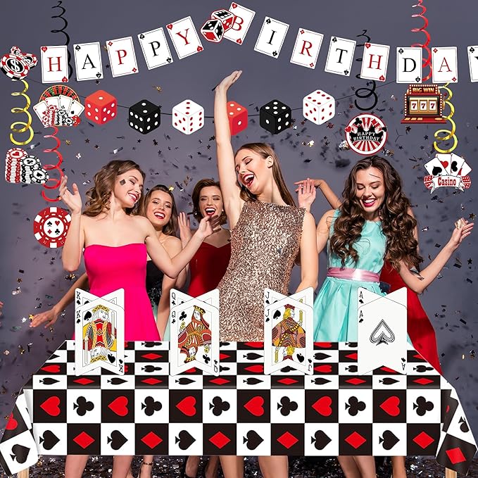 Casino Theme Party Decorations Casino Birthday Banner Poker Tablecloth Centerpieces Hanging Swirl Decorations Poker Party Decorations for Casino Poker Party Supplies (Casino)
