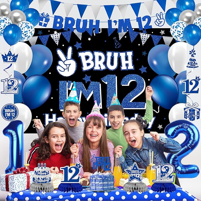DARUNAXY 12th Birthday Party Decorations for Boys Girls, Blue Bruh I’m 12 Banner, 12 Number Balloons & Cake Topper, Sweet 12 Years Old Birthday Honeycomb Hanging Swirls Party Supplies