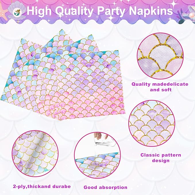 120 Pieces Mermaid Scale Birthday Party Tableware Set - Includes Plates, Napkins, Forks - Ocean Themed Decorations for Girls Party - Ideal for 30 People