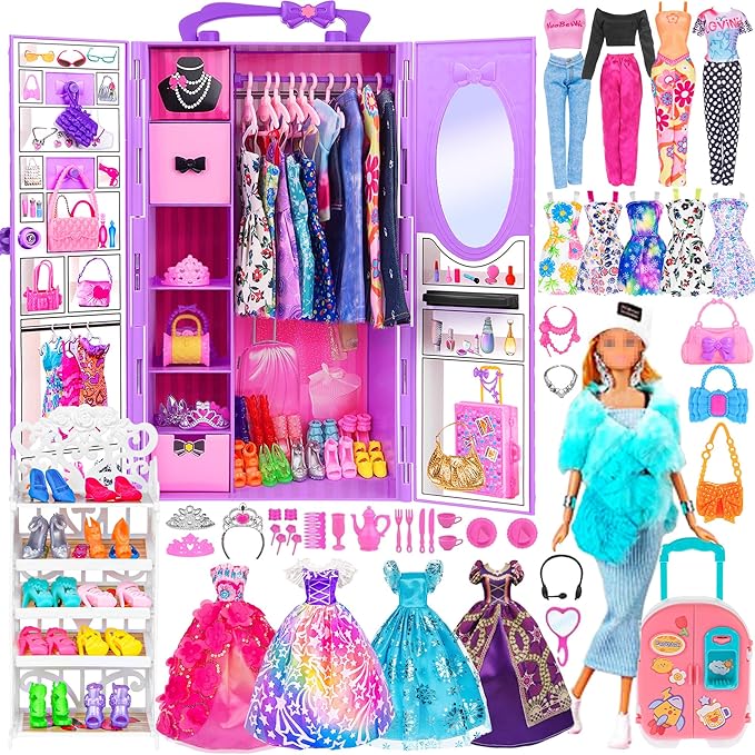 ebuddy 11.5 inch Doll Closet Playset with 106 pcs Clothes and Accessories for Girls 6-12 Including one Doll, Closet, Stylish Blue Set, Luggage, Shoe Rack, Wedding Gowns