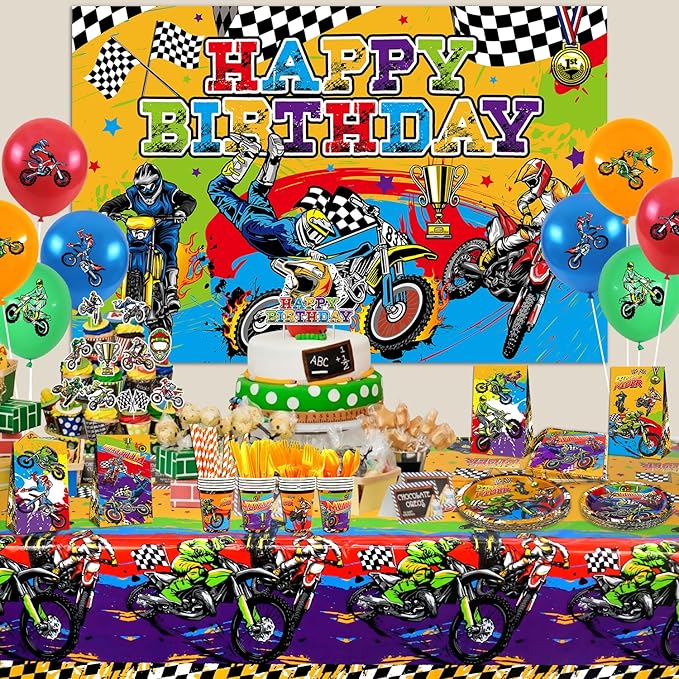 Dirt Bike Party Supplies, Includes Happy Birthday Backdrop, Plate, Napkin, Cups, Cake Toppers, Gift Bags, Tablecloth, for Kids Boys Girls Motorcycle Extreme Sports Theme Birthday Decorations Serve 20
