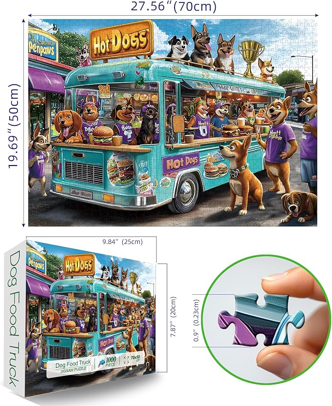 Blueforest 1000 Piece Jigsaw Puzzle for Adults - Cartoon Dogs Food Truck Adventure - Challenging & Fun Puzzle with Vibrant Art, Bonus Poster (27.5" x 19.7")