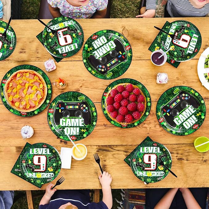 Grencian 96 Pcs 9th Video Game Birthday Party Decorations Green Video Game Level 9 Birthday Plates and Napkins Tableware Sets for Kids Boys 9 Years Old Gamer Gaming Party Supplies Favors Serves 24