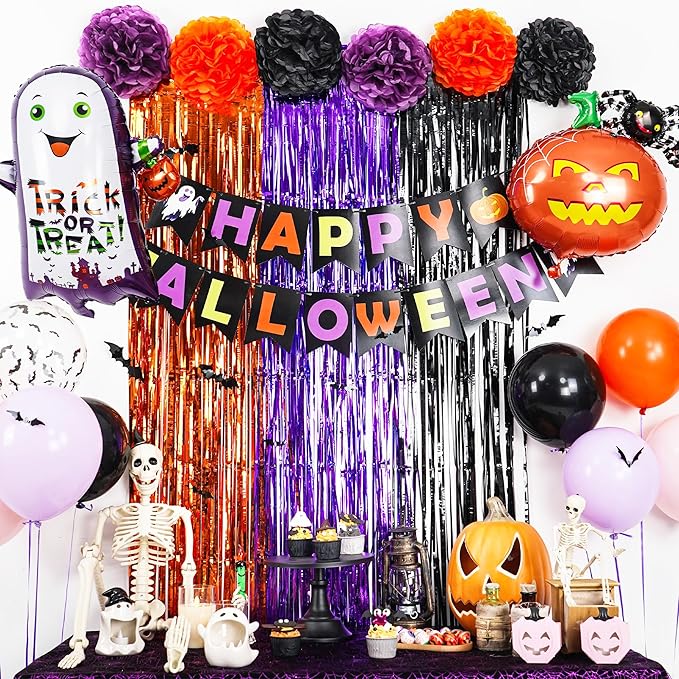 Purple Black Orange Party Decorations Set,Halloween Decorations Kit Including HAPPY HALLOWEEN Banner,Foil Balloons,3D Bat Stickers,Fringe Curtain,Paper Pompoms,Indoor Outdoor Halloween Supplies