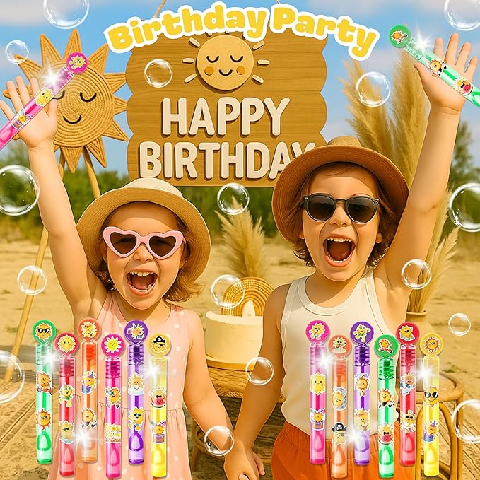 Sunshine Party Favors for Kids - 24PCS Smiling Sun Bubble Wands Bright Happy Theme Birthday Party Supplies Goodie Bag Fillers Classroom Rewards