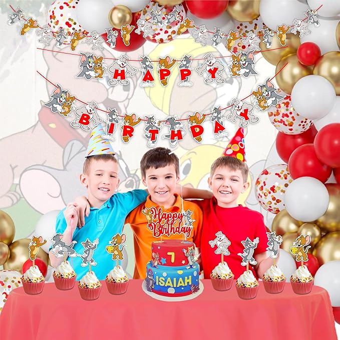 "Tom & Jery Theme Birthday Party Supplies – Cartoon Character – Complete Birthday Decoration Set with Banner, Cake Topper, Cupcake Toppers and Party Accessories for Boys & Girls"