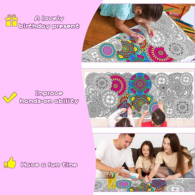 Dvbonike Jumbo Mandala Coloring Poster Giant Flower Color-in Paper Poster DIY Drawing Blank Doodle Art Banner Circular Floral 55.1x23.6 inch Wall Decor, Home School Activity Party Supplies for Kids