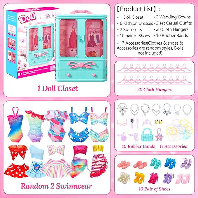 70 Pcs Doll Closet with Clothes & Accessories Playset,2 Wedding Gowns 6 Fashion Dresses 2 Tops 2 Pants 2 Swimsuits 10 Shoes 20 Hangers 27 Accessories Toys for Girls Kids Birthday Gifts