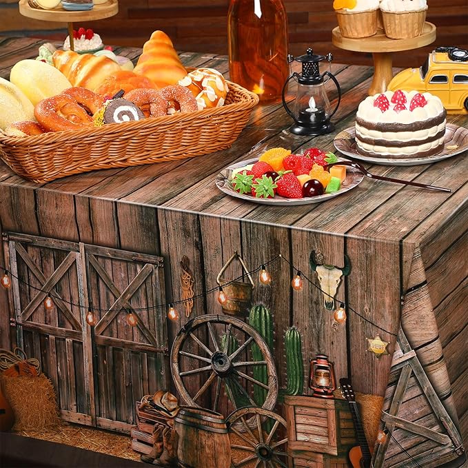 Tiamon 1 Pcs Western Party Tablecloth Western Cowboy Party Table Cover Cowboy Theme Plastic Tablecloth Wild West Wooden House Table Cover for Birthday Supplies
