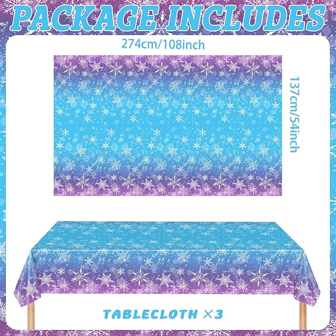 3 Winter Snowflake Plastic Tablecloth Decorations, Holographic Blue and Purple Snowflake Winter Wonderland Disposable Table Cover for Winter Holiday Birthday Decorations, 54x108 Inch