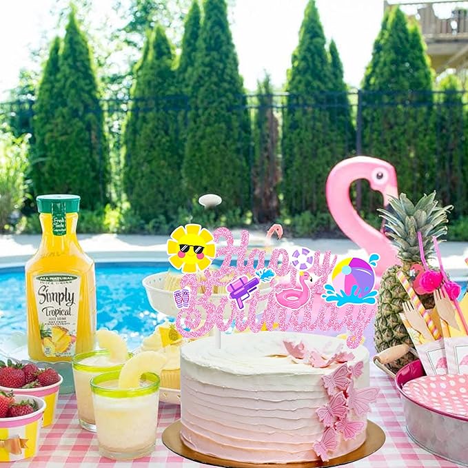 Pool Party Birthday Cake Topper Summer Pool Birthday Party Decorations Pink Glitter Summer Beach Happy Birthday Cake Topper Decorations for Boys Girls Summer Holiday Birthday Party Favor Supplies