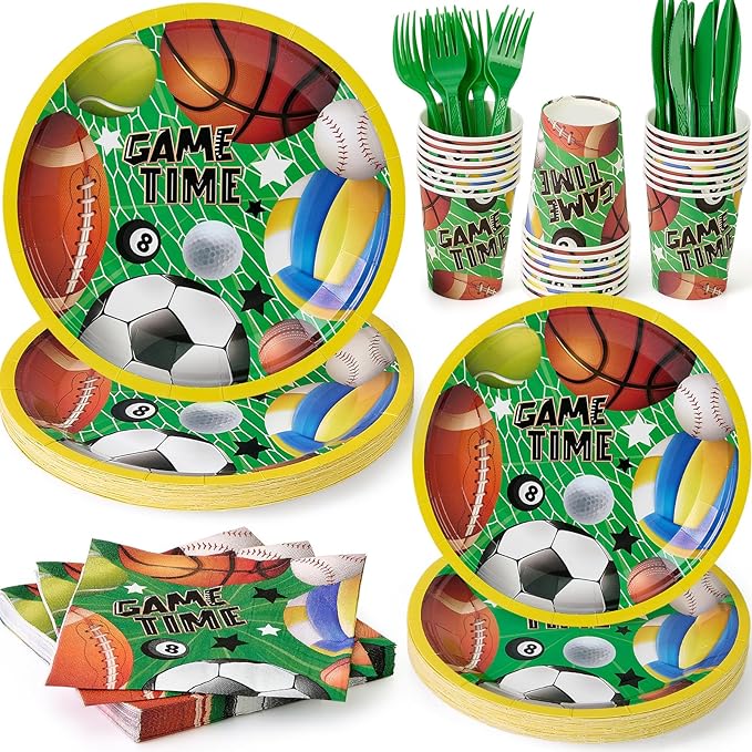144Pcs Sport Ball Birthday Party Supplies Decorations Ball Themed Paper Plates Napkins Vintage Party Tableware Disposable Dinnerware for Men Boy Birthday Baby Shower Table Decor, Serve 24