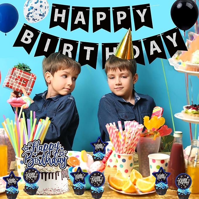 Black And Blue Birthday Decorations for Men,Fringe Curtains Happy Birthday Banner,Red balloons,Cake Toppers for Boys